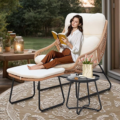 Outdoor Wicker Papasan Egg Chair with Ottoman, Patio Basket Lounge Chair Indoor Egg-Shaped Rattan Reading Lounger with Thick Cushion and Table for Living Room Bedroom Balcony Porch, Beige
