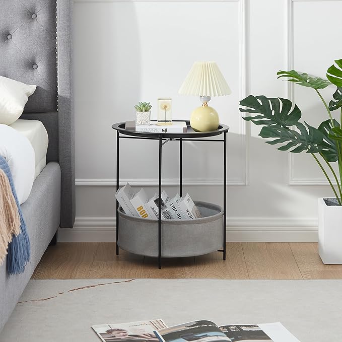 VECELO Round Side/End Table with Fabric Storage Basket，Metal Anti-Rust and Waterproof Small Bedside Nightstand with - Photo 5