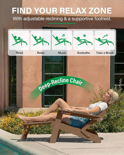 YEFU Adirondack Chair with Retractable Ottoman: Folding Adirondack Chairs Set of 2-5-Level Adjustable Backrest with Footrest - Fire Pit Chairs - Cup Holder - Outdoor Plastic Chair for Patio