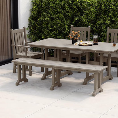 WestinTrends Malibu 65" Outdoor Dining Bench, All Weather Resistant Poly Lumber Patio Garden Bench Trestle Long Bench for Both Outdoor and Indoor, Weathered Wood