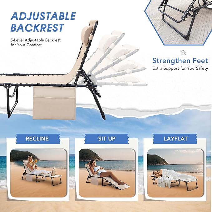 Flamaker Face Down Chaise Lounge Chair 5-Position Adjustable Sunbathing, Foldable Tanning Chair with Face& Arm Holes - Photo 6