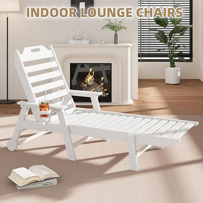 Mdeam 6-Position Lounge Chair Outdoor, 22" W Oversized Sun Tanning Chair, 500LBS Capacity, HDPE All-Weather Patio Lounge Chaise with Wheels Cup Holder for Pool Beach Backyard Lawn Deck, White
