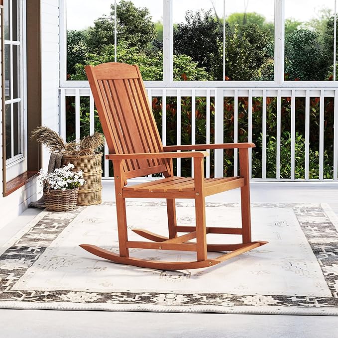 Giantex Outdoor Rocking Chair, Solid Wood High Back Rocker with Slatted Seat, Wide Armrests, Oversized Porch Rocker for Patio, Backyard, Garden and Lawn, 400 LBS Weight Capacity