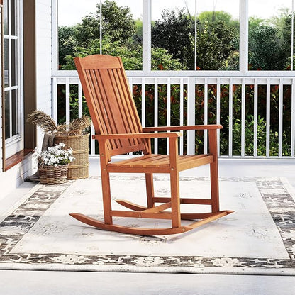 Giantex Outdoor Rocking Chair, Solid Wood High Back Rocker with Slatted Seat, Wide Armrests, Oversized Porch Rocker for Patio, Backyard, Garden and Lawn, 400 LBS Weight Capacity