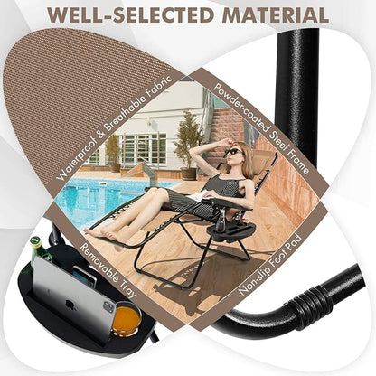 Giantex 2 PCS Zero Gravity Chair Patio Chaise Lounge Chairs Outdoor Yard Pool Recliner Folding Lounge Chair with Cup Holder (Beige)