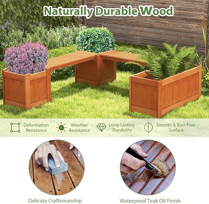 Planter Box Bench Outdoor, Wooden Patio Bench Raised Garden Bed with 3 Plant Boxes & 2 Wood Benches, 2-in-1 Wood Planter Bench Deck Plant Box for Porch, Garden & Backyard