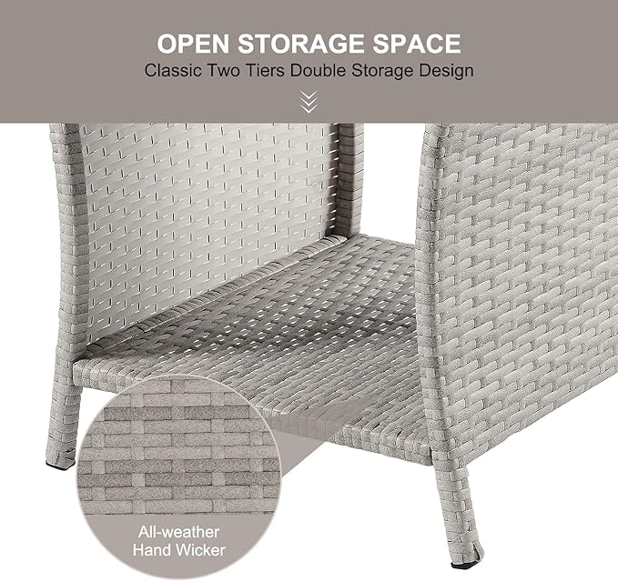 Outdoor Side Table for Patio Small Rattan Wicker Coffee Table Balcony Table Outside End Table with Poly Lumber Table Top & Storage Bistro Table for Garden Porch Deck Living Room Backyard Grey