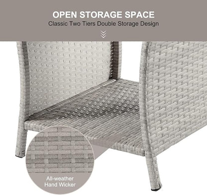 Outdoor Side Table for Patio Small Rattan Wicker Coffee Table Balcony Table Outside End Table with Poly Lumber Table Top & Storage Bistro Table for Garden Porch Deck Living Room Backyard Grey