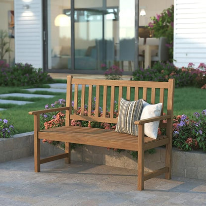 EMMA + OLIVER Ashford Patio Bench for Indoor/Outdoor Use, Acacia Wood Slatted Loveseat for 2, Perfect for Sunroom, Garden, Backyard or Porch, Brown