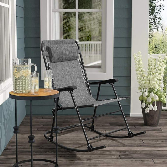 Flamaker Patio Rocking Chair Zero Gravity Chair Outdoor Folding Recliner Foldable Lounge Chair Outdoor Pool Chair for Patio, Poolside and Camping (Grey)