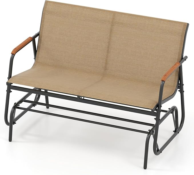 Tangkula 2-Person Outdoor Glider Bench, Patio Gliding Loveseat with Breathable Fabric Seat, Curved Teak Wood Armrests and Metal Frame, Swing Rocking Chair for Backyard, Garden, Porch, Balcony (2 Seat)