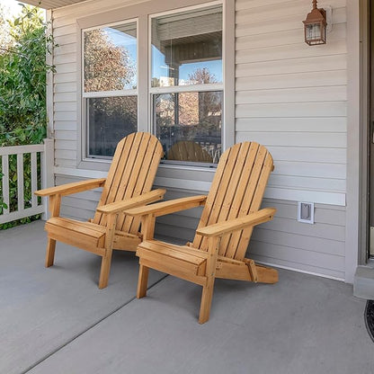 Yaheetech Folding Adirondack Chair Set of 3 Outdoor, 300LBS Solid Wood Garden Chair Weather Resistant, Fire Pit Lounge Chairs for Garden/Yard/Patio/Lawn, Natural Wood