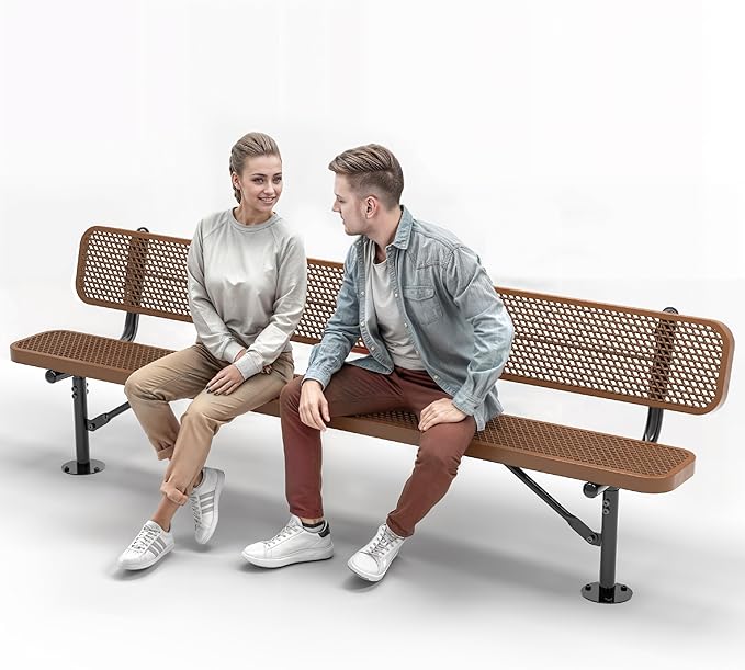 Heavy-Duty Outdoor Metal Bench, Thermoplastic-Coated, Surface, Weatherproof, Commercial-Grade for Parks, Gardens, Patios, Stores & More (8 Ft - Surface with Back, Brown)