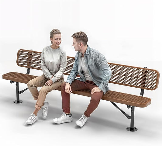 Heavy-Duty Outdoor Metal Bench, Thermoplastic-Coated, Surface, Weatherproof, Commercial-Grade for Parks, Gardens, Patios, Stores & More (8 Ft - Surface with Back, Brown)