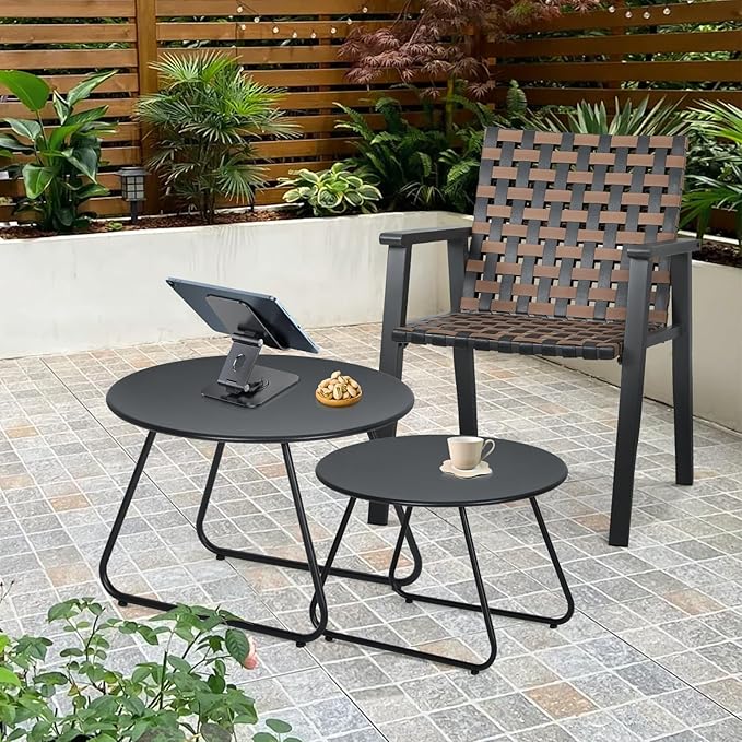 MoNiBloom Black Outdoor Patio Nesting Side Tables Set of 2, Weather Resistant 24" Round Steel Coffee Tables for Garden Balcony Porch Backyard Lawn Deck Yard Poolside Outside