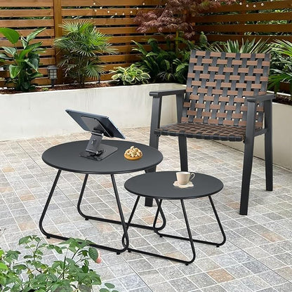 MoNiBloom Black Outdoor Patio Nesting Side Tables Set of 2, Weather Resistant 24" Round Steel Coffee Tables for Garden Balcony Porch Backyard Lawn Deck Yard Poolside Outside