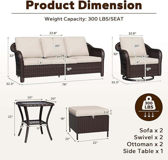 7 Piece Patio Wicker Conversation Set, 2 All-Weather Use Outdoor Wicker Sofa with 2 PE Rattan Ottomans, 2 Swivel Chair - Photo 2