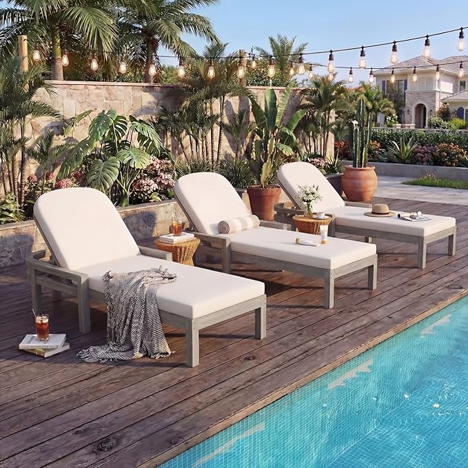 Outdoor Chaise Lounge Chair, Patio Chaise Lounge Recliner with Adjustable Backrest, Acacia Wood Poolside Chaise Lounge with Thick All-Weather Cushions for Patio, Deck and Backyard(C)