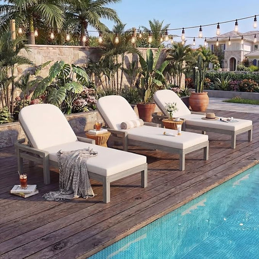 Outdoor Chaise Lounge Chair Set of 3, Patio Chaise Lounge Recliner with Adjustable Backrest, Acacia Wood Poolside Chaise Lounge with Thick All-Weather Cushions for Patio, Deck and Backyard(C)