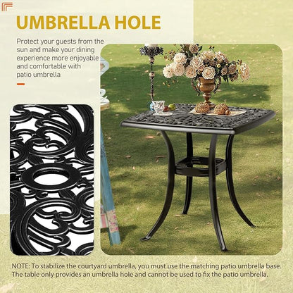 Outvita Patio Side Table, 21.3in Outdoor Square Cast Aluminum Bistro Table with Umbrella Hole and Antique Design for Backyard Porch Pool Balcony Deck Black