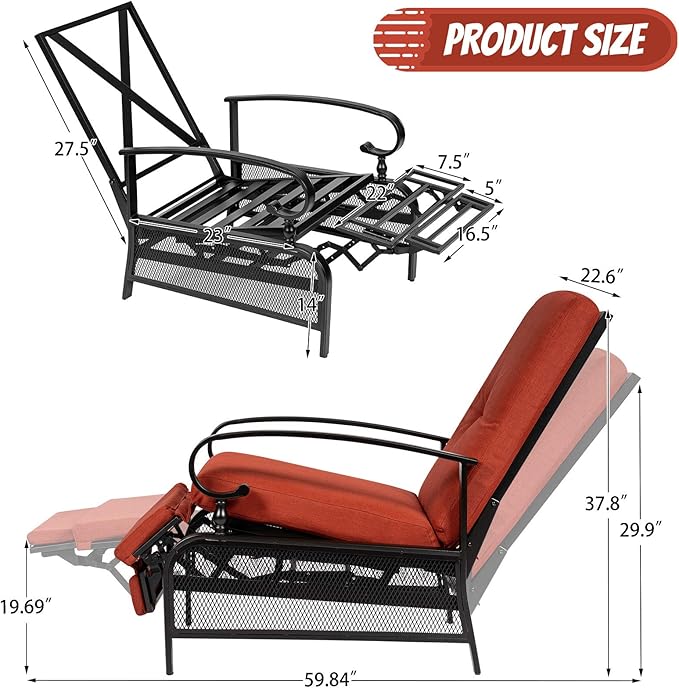 Incbruce Outdoor Lounge Chair Patio Furniture Adjustable Recliner with Retractable Steel Frame and Removable Thick Cushions - Red