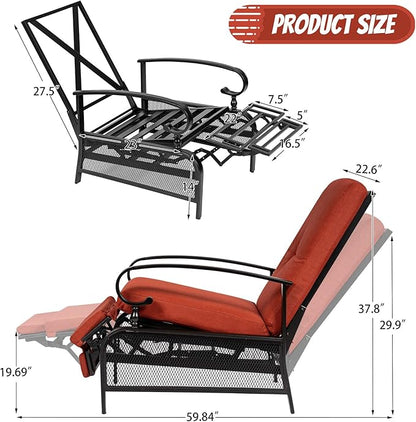 Incbruce Outdoor Lounge Chair Patio Furniture Adjustable Recliner with Retractable Steel Frame and Removable Thick Cushions - Red
