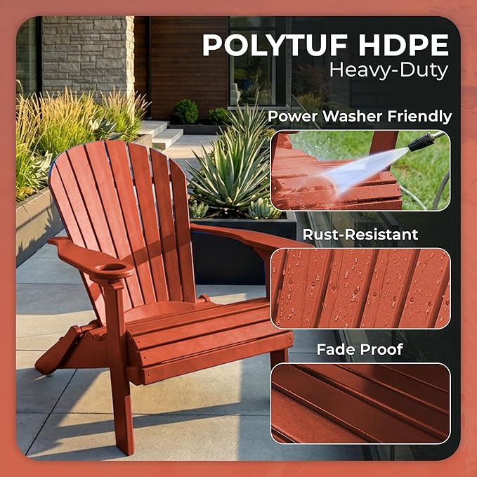 Ecommersify Folding Adirondack Chair with Cup Holder - (Cherrywood) - Heavy Duty Recycled Poly Lumber Folding Chair - Amish Crafted Outdoor Furniture - Made in USA