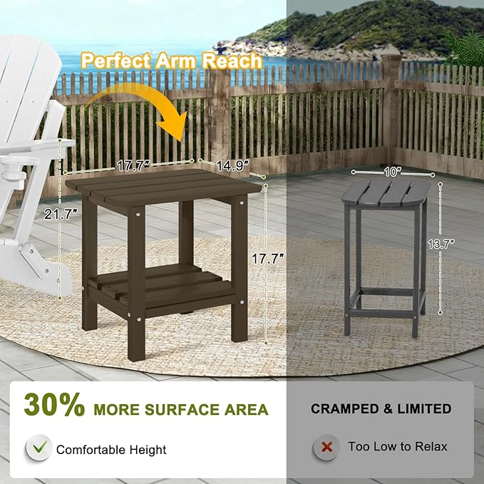 Adirondack Outdoor Side Table, 2-Tier Small Patio End Table, Weather Resistant HDPE Outdoor End Tables for Garden, Lawn, Pool, Beach, Porch, Deck, Backyard - Square, Dark Brown