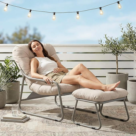 NICESOUL Outdoor Lounge Chair with Ottoman, Comfy Patio Lounge Chair with Reclined Back and Armrests, Heavy-Duty Reading Lounge Chair with Cushion for Porch Balcony Garden Backyard, Beige