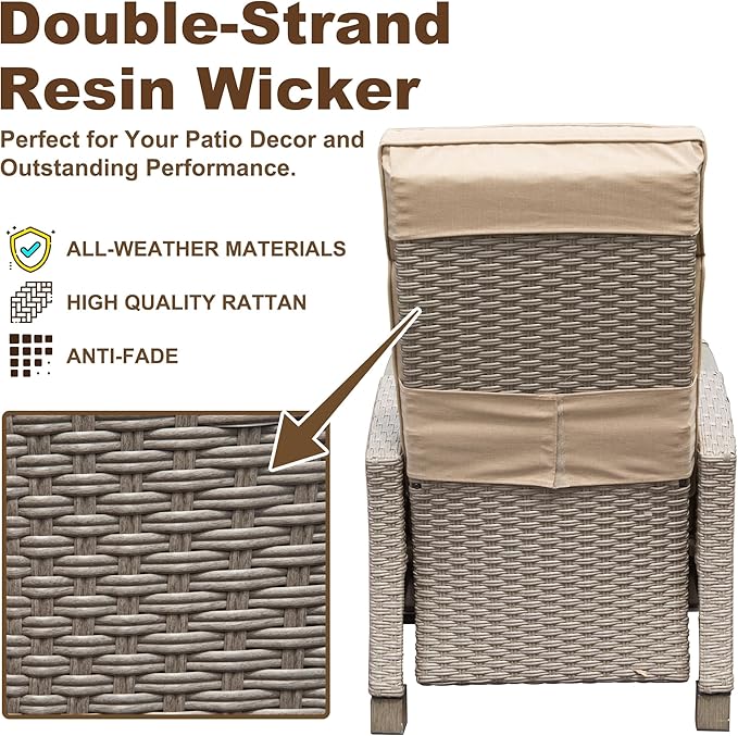 Domi Outdoor Recliner Chair, Patio Recliner with Hand-Woven Wicker, Flip Table Push Back, Adjustable Angle, Thickness Cushions, Reclining Lounge Chair for Indoor & Outdoor Use, Beige