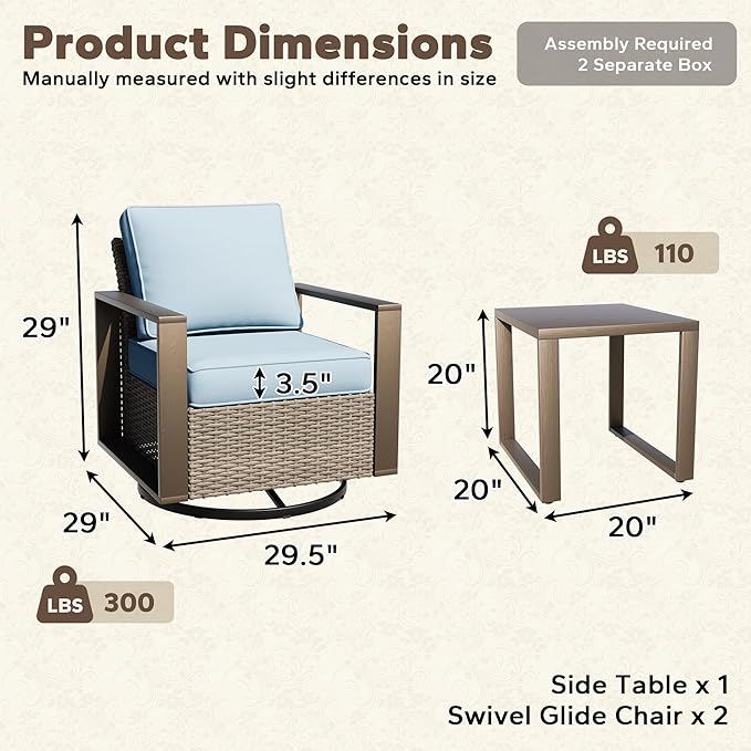 Outdoor Swivel Rocker Metal Chairs Set of 2 with Small Coffee Table - 3 Pieces Patio Bistro Set with Rectangular Framed - Photo 2