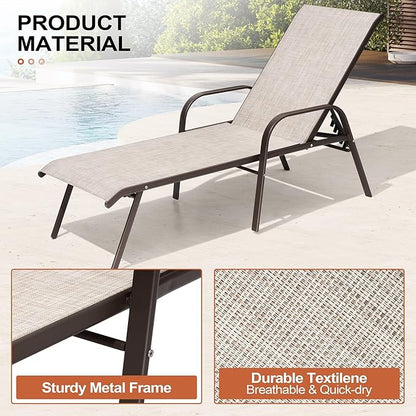 Crestlive Outdoor Chaise Lounge Chair,5-Position Pool Lounge Chairs with Armrests Sunbathing Recliner for Patio,Beach,Deck,Yard (4PC Beige)