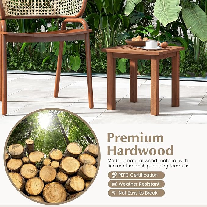 Tangkula Square Outdoor Side Table, 17.5?Patio Hardwood End Table w/Slatted Tabletop, Small Coffee Table, Outdoor Indoor Chairside Table for Porch Garden Balcony, Easy Assembly (1, Natural)