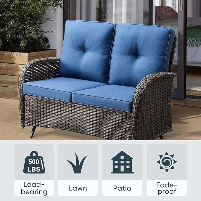 Belord Outdoor Glider Bench Patio Loveseat - 500 Lbs Weight Capacity 2 Seater Wicker Sofa, Small Porch Glider Furniture All Weather Rattan Couch with Removble Cushion for Balcony Deck Backyard, Brown