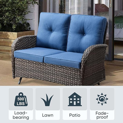 Belord Outdoor Glider Bench Patio Loveseat - 500 Lbs Weight Capacity 2 Seater Wicker Sofa, Small Porch Glider Furniture All Weather Rattan Couch with Removble Cushion for Balcony Deck Backyard, Brown