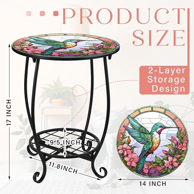 Outdoor Side Table Round Small Mosaic Patio Accent Indoor End Plant Metal Coffee Tea Table for Yard Porch Garden Patio - Photo 3