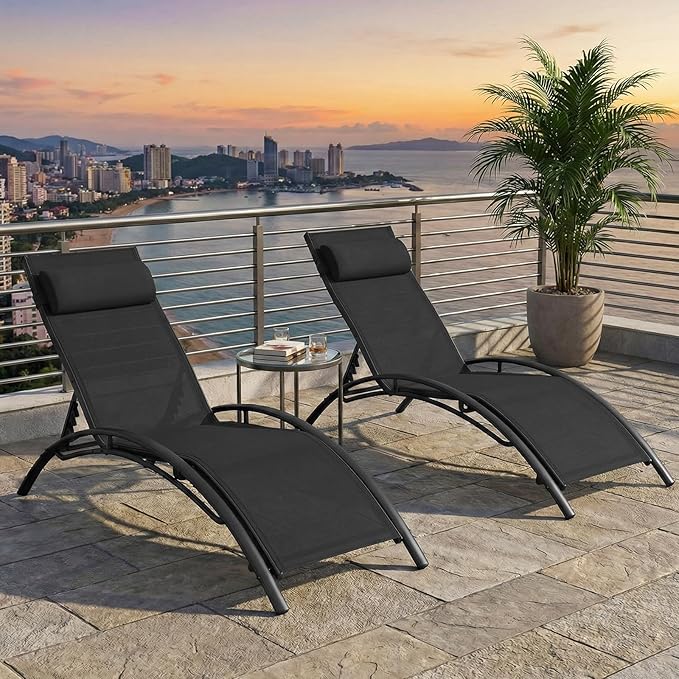Tangkula Lounge Chairs Outdoor Set of 2, Heavy-Duty Patio Chaise Lounges with 5-Position Backrest & Breathable Seat Fabric, Outside Beach Pool Sunbathing Recliner for Backyard, Poolside (Black)