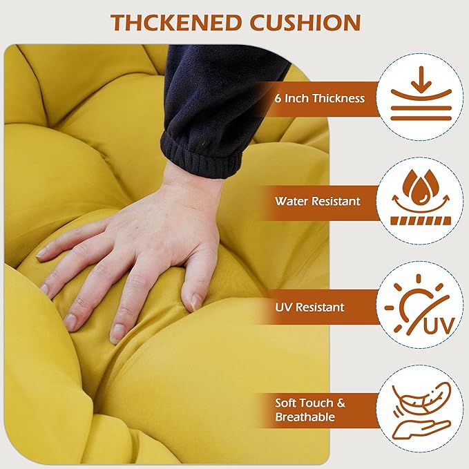 Papasan Rocking Chair Indoor & Outdoor, Oversized Egg-Shaped Papasan Rocker with Cushion & Pillow, All-Weather Wicker Patio Lounge Chair for Garden, Porch, Living Room (Yellow)