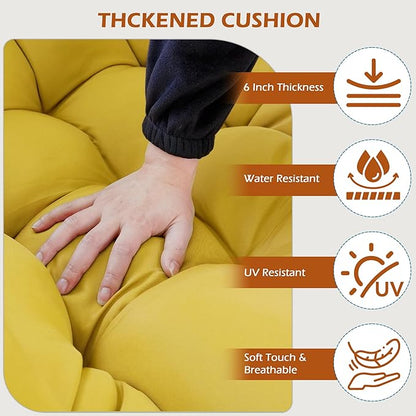 Papasan Rocking Chair Indoor & Outdoor, Oversized Egg-Shaped Papasan Rocker with Cushion & Pillow, All-Weather Wicker Patio Lounge Chair for Garden, Porch, Living Room (Yellow)