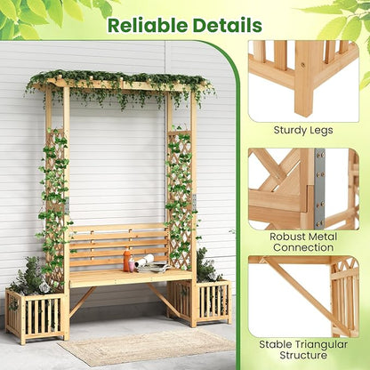 Giantex Outdoor Bench with Garden Arbor & 2 Planter Boxes, Wooden Trellis for Climbing Plants & Vines, Outside Pergola for 2-People Seating, Decoration for Porch, Patio, Yard