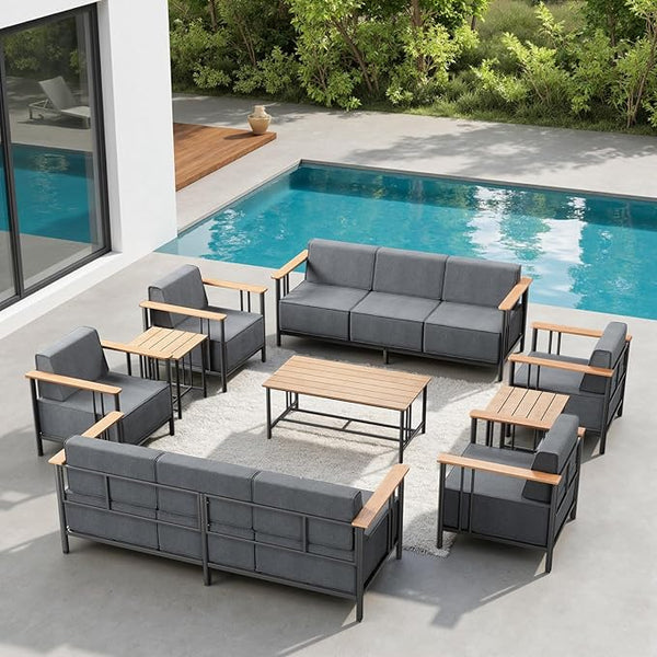 10-inch Thick Cushion Outdoor Furniture Set of 9, Patio Chair Set with Sofa, Wood Grain armrests, trapezoidal backrest - Photo 1