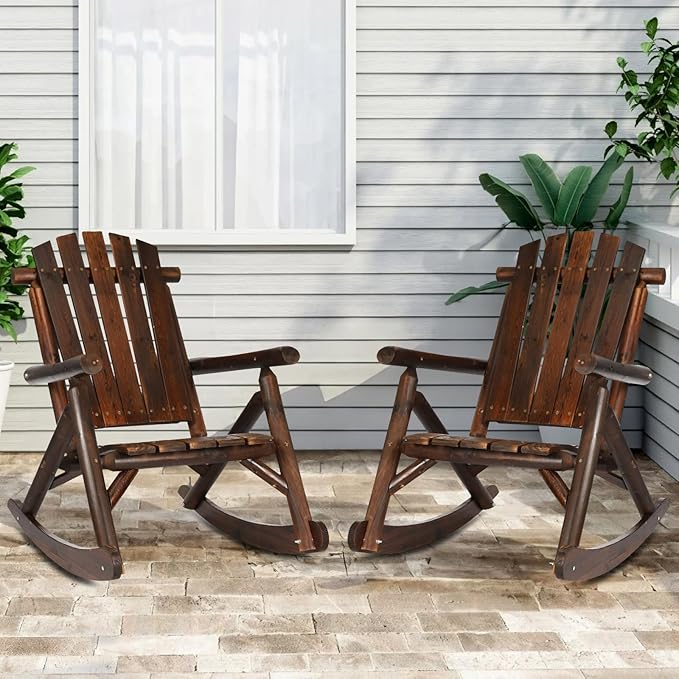 Outdoor Wooden Rocking Chair, Patio Rustic Adirondack Porch Rocker, All Weather Solid Wood Log Rocker Chair with High Back & Slatted Seat for Indoor, Backyard, Garden (Set of 2, Carbonized)