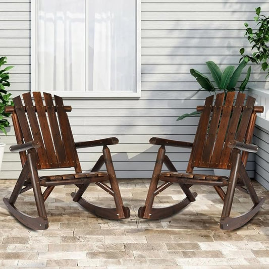 Outdoor Wooden Rocking Chair, Patio Rustic Adirondack Porch Rocker, All Weather Solid Wood Log Rocker Chair with High Back & Slatted Seat for Indoor, Backyard, Garden (Set of 2, Carbonized)