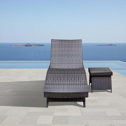 Patio Chaise Lounge Set of 1 Foldable Chair + 1 Table, Outdoor Rattan Adjustable Back Patio Folding Chaise Lounge and Coffee Table for Beach Sunbathing