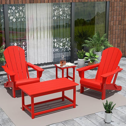 Costaelm 4-Piece Set Outdoor/Patio Poly Adirondack Chairs with a Coffee and a Side Table (2 Seater), Red