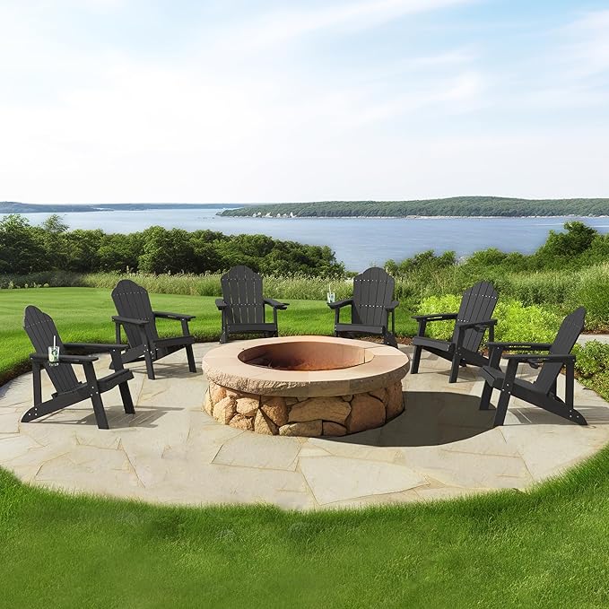 LUE BONA HDPE Adirondack Chairs Set of 6 - Weather Resistant Outdoor Seating with Cup Holder, Ideal for Patio, Deck, Fire Pit & Large Backyard, Black