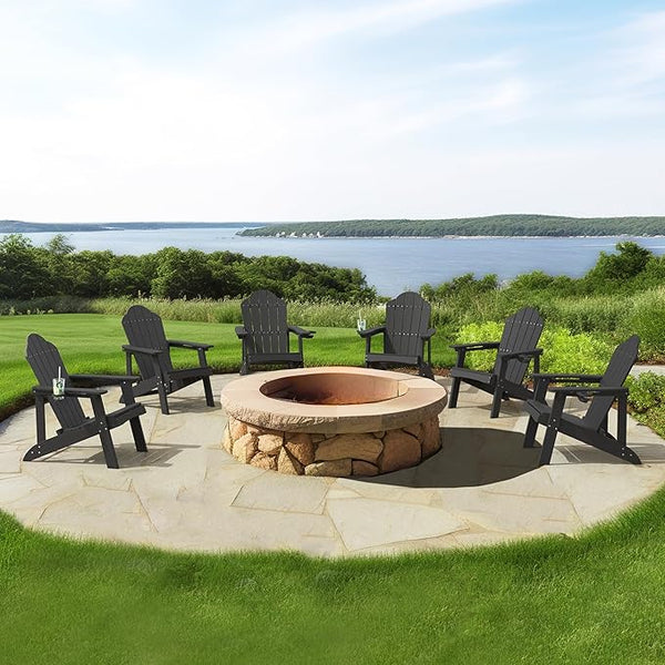 LUE BONA HDPE Adirondack Chairs Set of 6 - Weather Resistant Outdoor Seating with Cup Holder, Ideal for Patio, Deck - Photo 1