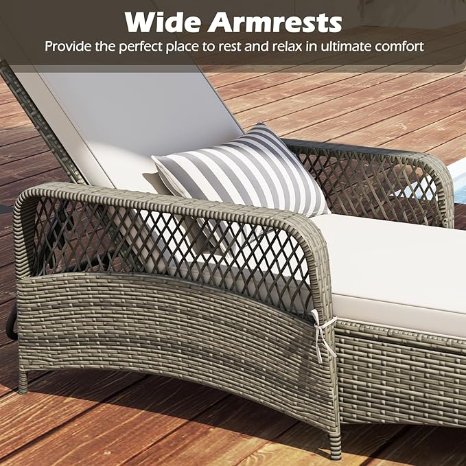 Wicker Chaise Lounge Chair Set of 2, Patio Rattan Recliner with 6-Position Adjustable Backrest, Soft Cushions, Removable Lumber Pillow & Armrests for Poolside & Backyard (Off White)