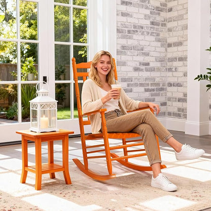 VINGLI Wooden Rocking Chair Outdoor, Patio Rockers with High Back, Support 450 LBS Rocking Chairs, for Porch, Patio, Balcony, Garden, Yard (Orange, 2 PCS)