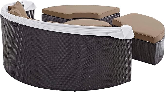 Modway Convene Wicker Rattan Outdoor Patio Retractable Canopy Round Poolside Sectional Sofa Daybed with Cushions in Espresso Mocha